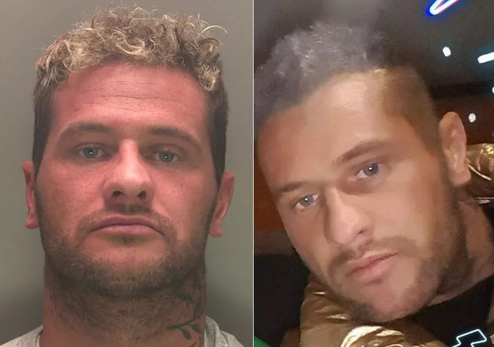 Homem procurado não gosta de foto divulgada pela polícia e sugere outra — Foto: Lincolnshire Police e Stephen Murphy/Facebook