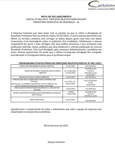 Foto: Publicação da Nota da Empresa Caetanno Projetos e Assessoria